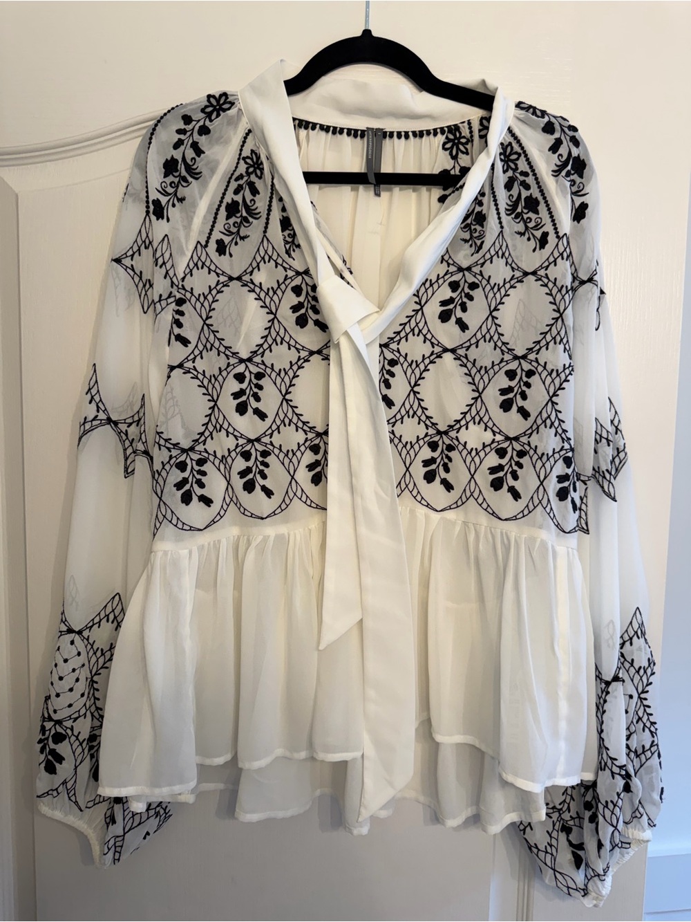 Anthropologie Sheer White Tie-Neck Blouse with Black Embroidery